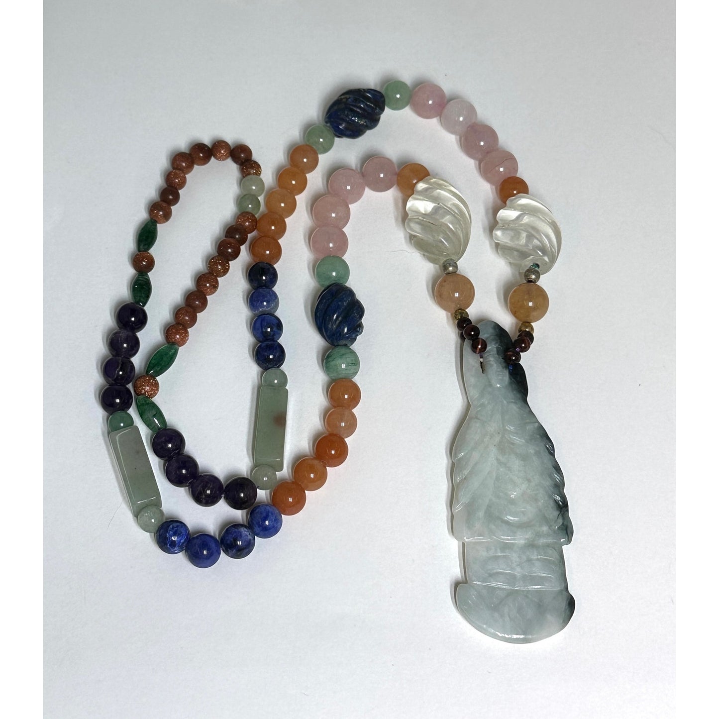 Long Multi Gemstone Beaded Lapis Tiger Eye Quartz Jade Necklace w/ Large Jade Figural Pendant