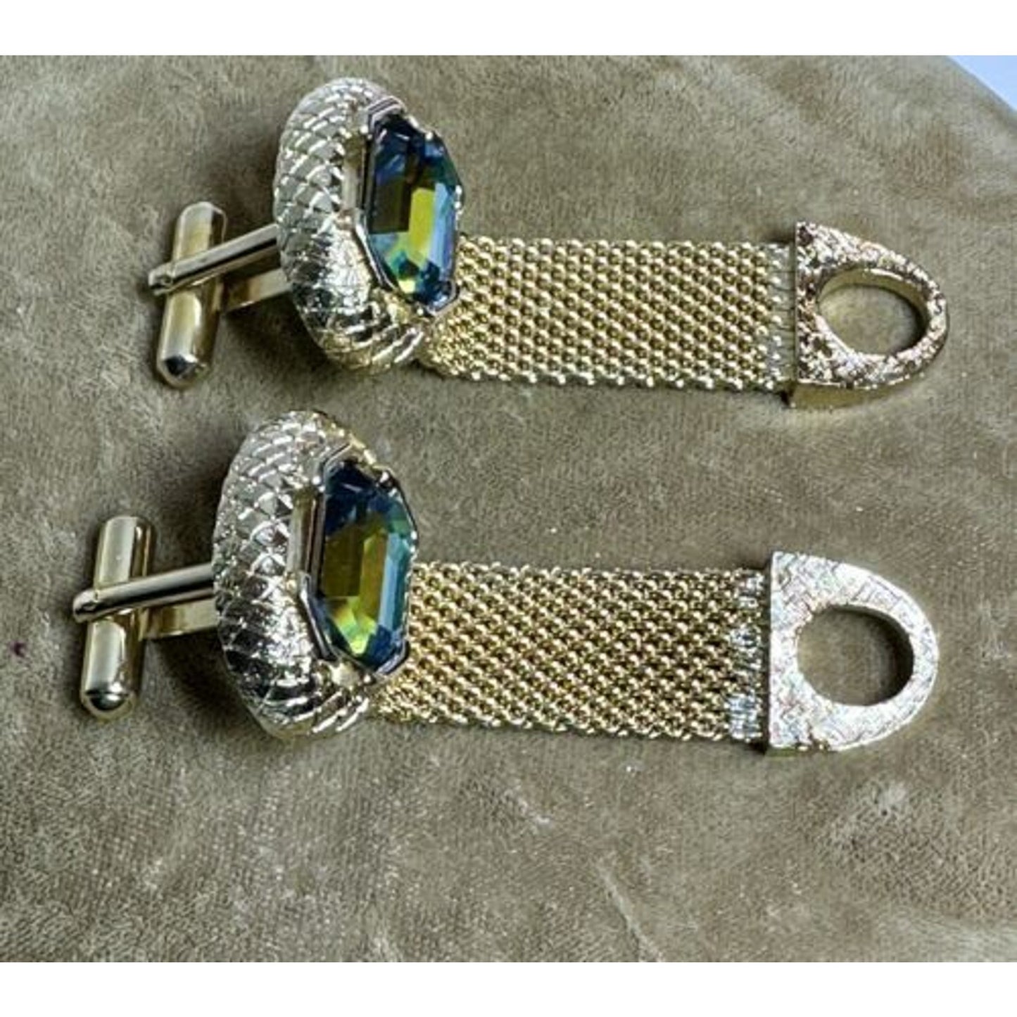 Vintage Goldtone Mesh Blue/Green Emerald Cut Rhinestone Mesh Wrap Cufflinks