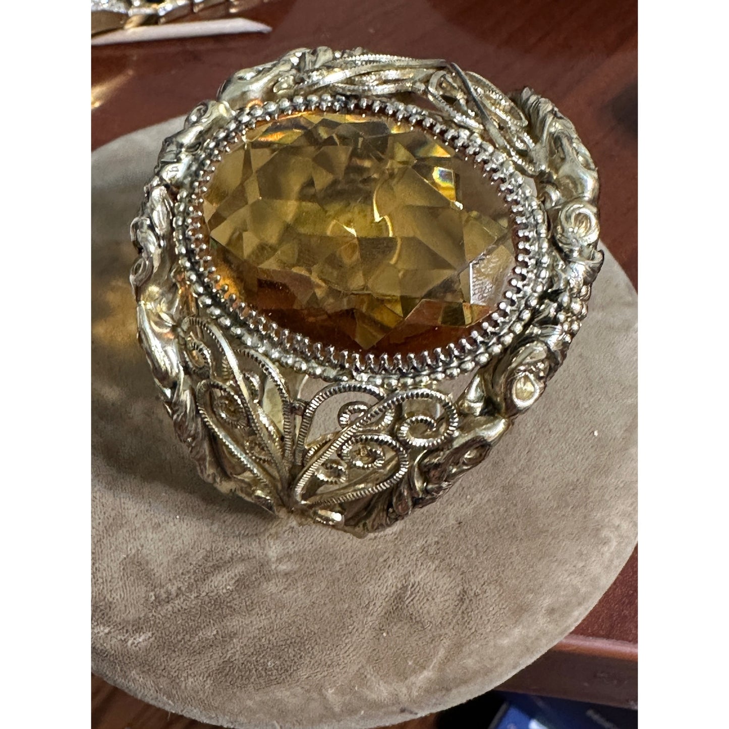 Huge Vintage Whiting & Davis Gold-tone Topaz Victorian Style Bangle Bracelet