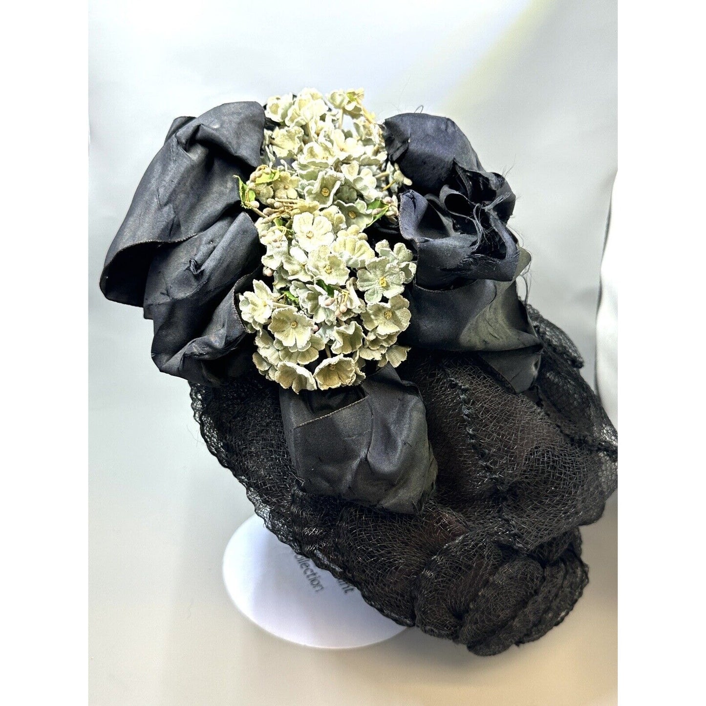 Vintage Victorian Wire Framed Black Net Ribbon & Velvet Flowers Hat
