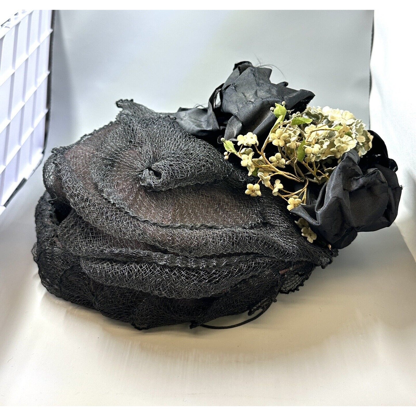 Vintage Victorian Wire Framed Black Net Ribbon & Velvet Flowers Hat