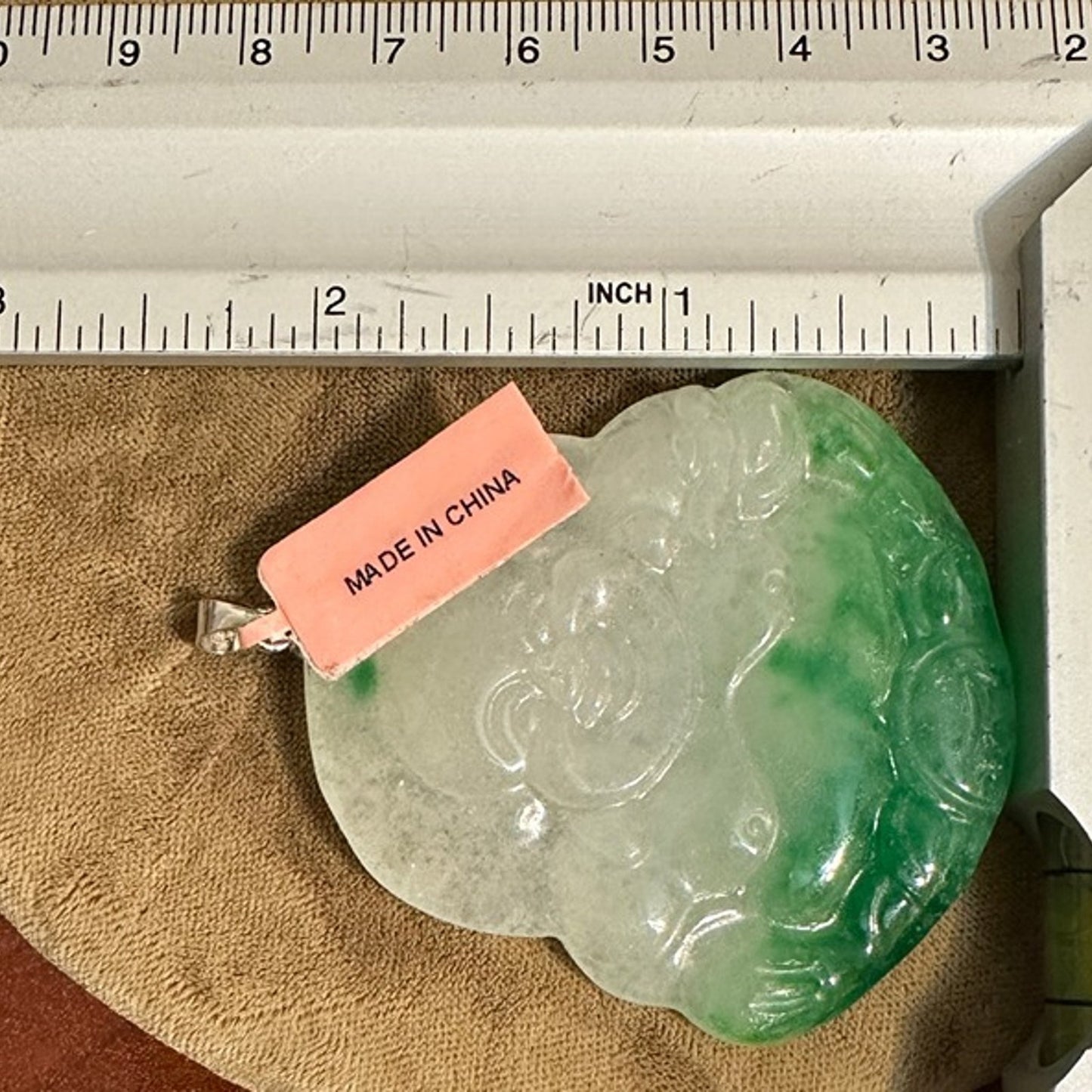 Chinese Export Carved Jade Happy Buddha Pendant - Translucent Moss on Snow