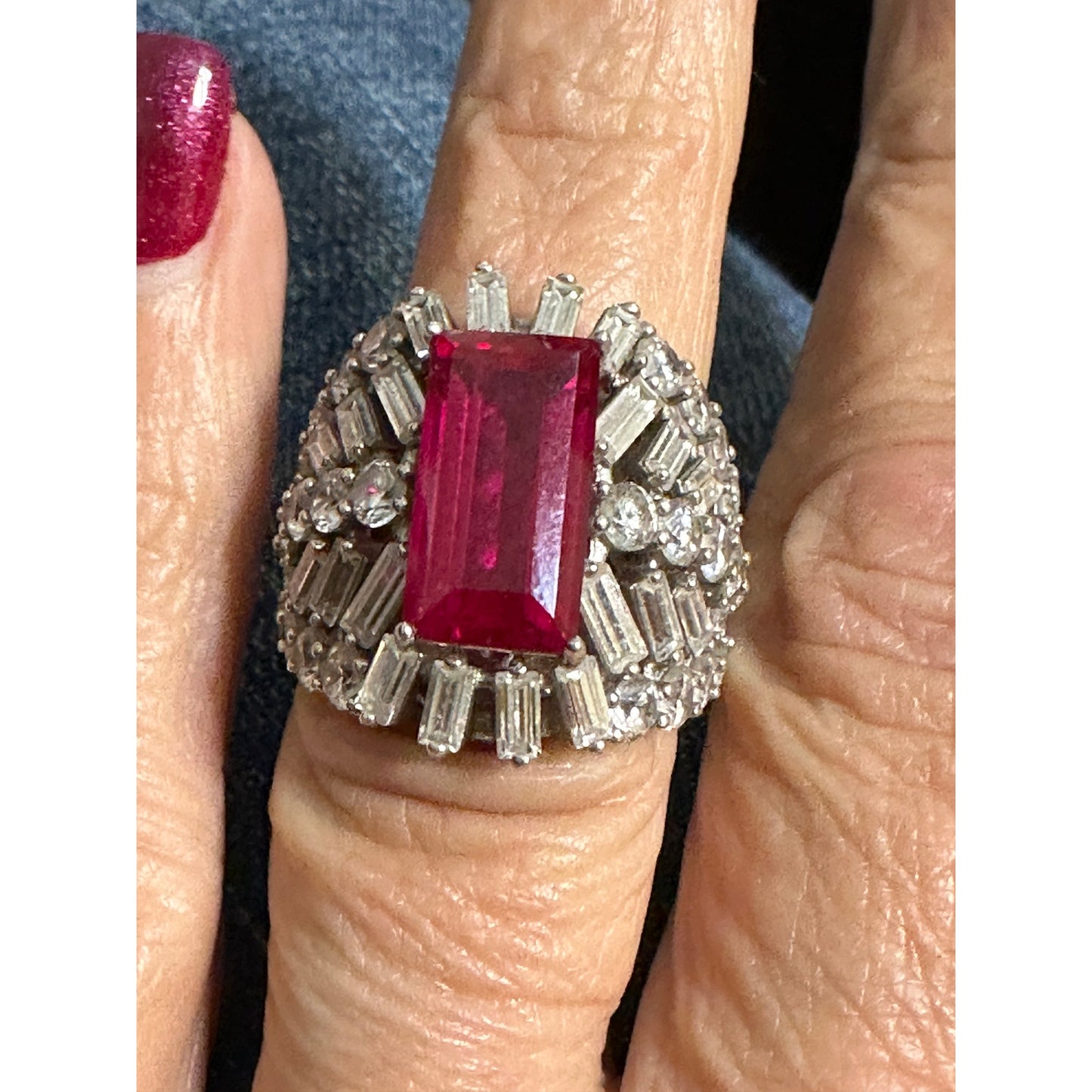 Charles Winston Lab Created Ruby & Diamond Simulant Rhodium Over Silver Ring - Size 8