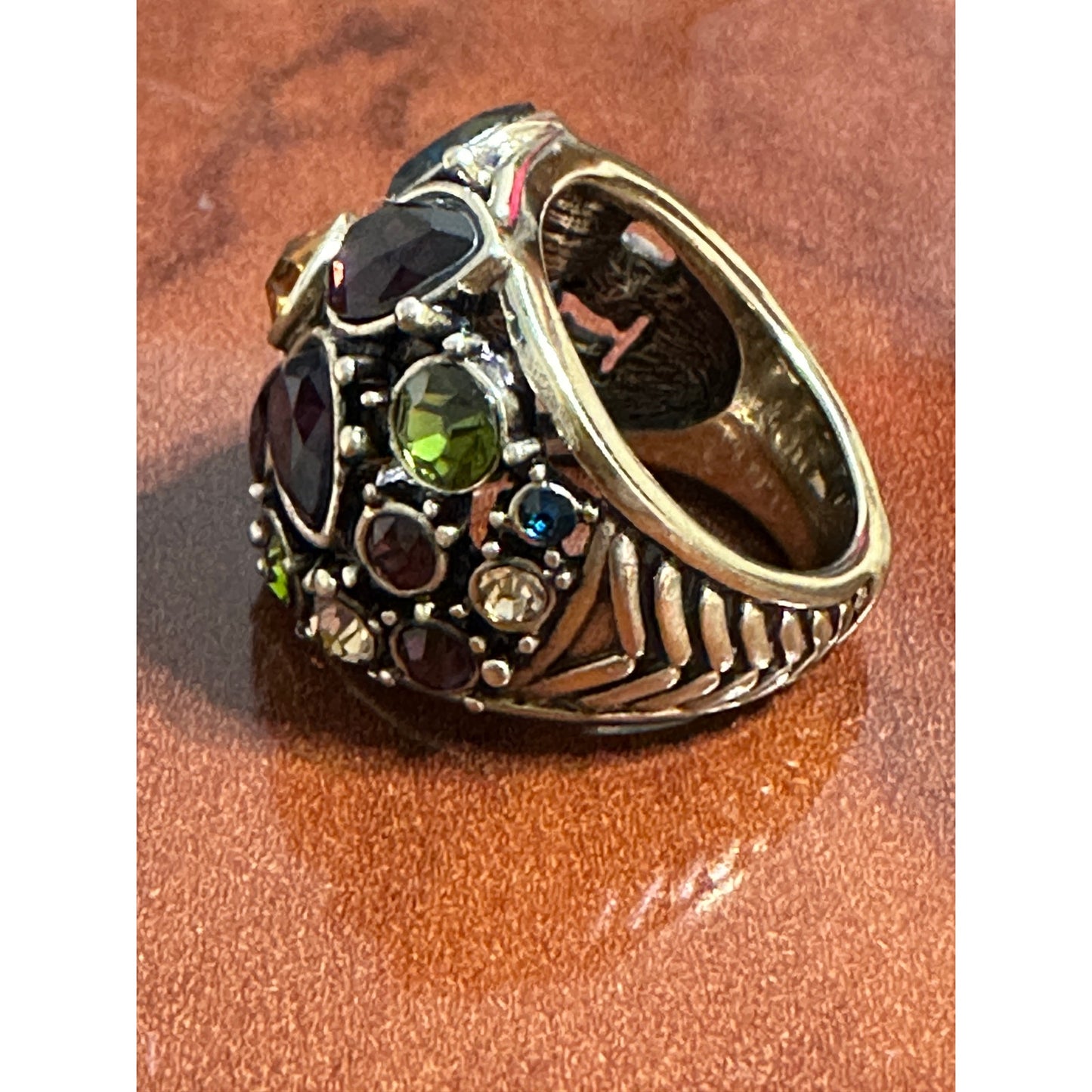 Heidi Daus Gold-tone Wide Fantasy in Floral Jeweled Flower Ring Size 7