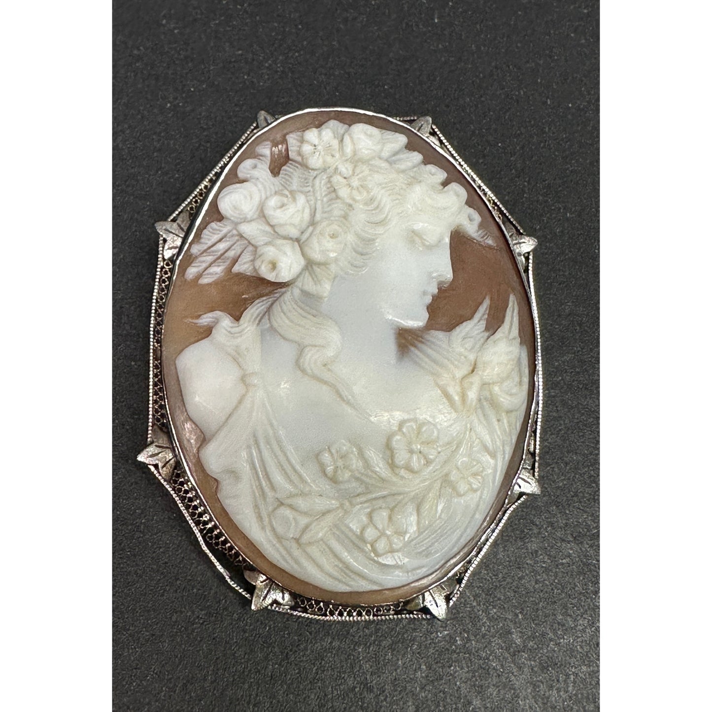 Large 14k White Gold Filigree Large Carved Shell Cameo Eyes Closed Pin/ Pendant