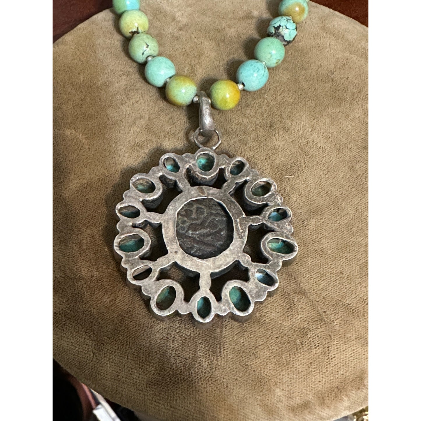 Amazing 8mm Beaded Turquoise Necklace with Silver Turquoise Ancient Coin Pendant
