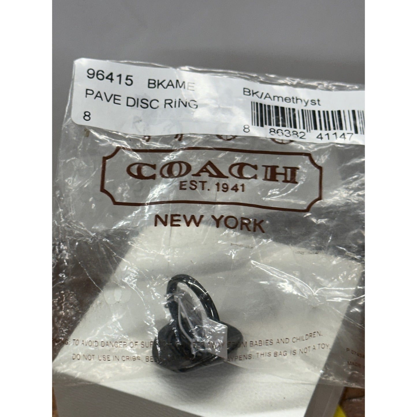 New Coach PAVE Amethyst Crystal Black Band Ring Sz 8 NWT