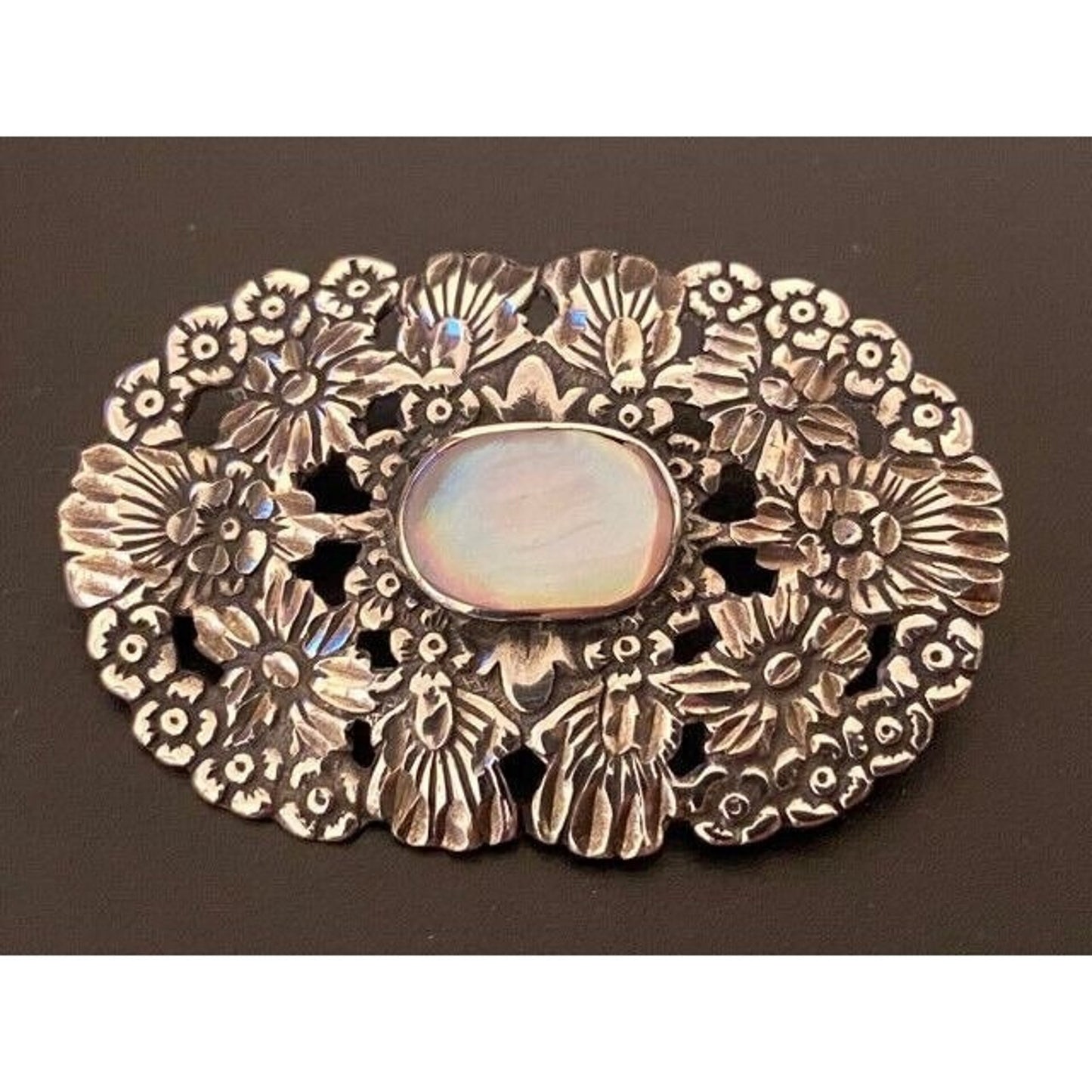 Vintage Sterling Silver Floral Repousse MOP Pin/ Pendant