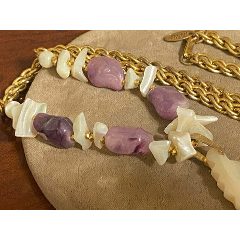 Miriam Haskell Goldtone Amethyst and MOP Shell Pendant Necklace. Excellent Condition