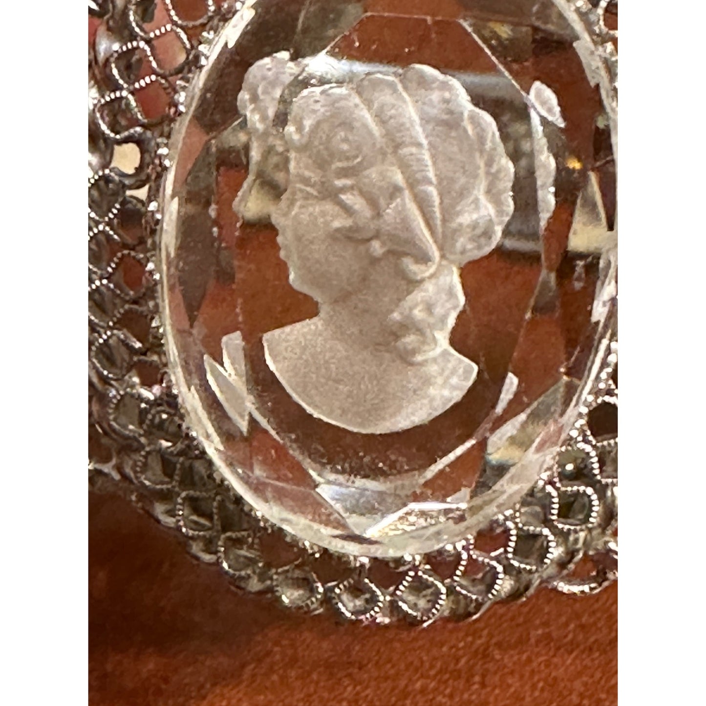Vintage Whiting & Davis Silvertone Glass Cameo Necklace, Bracelet & Brooch