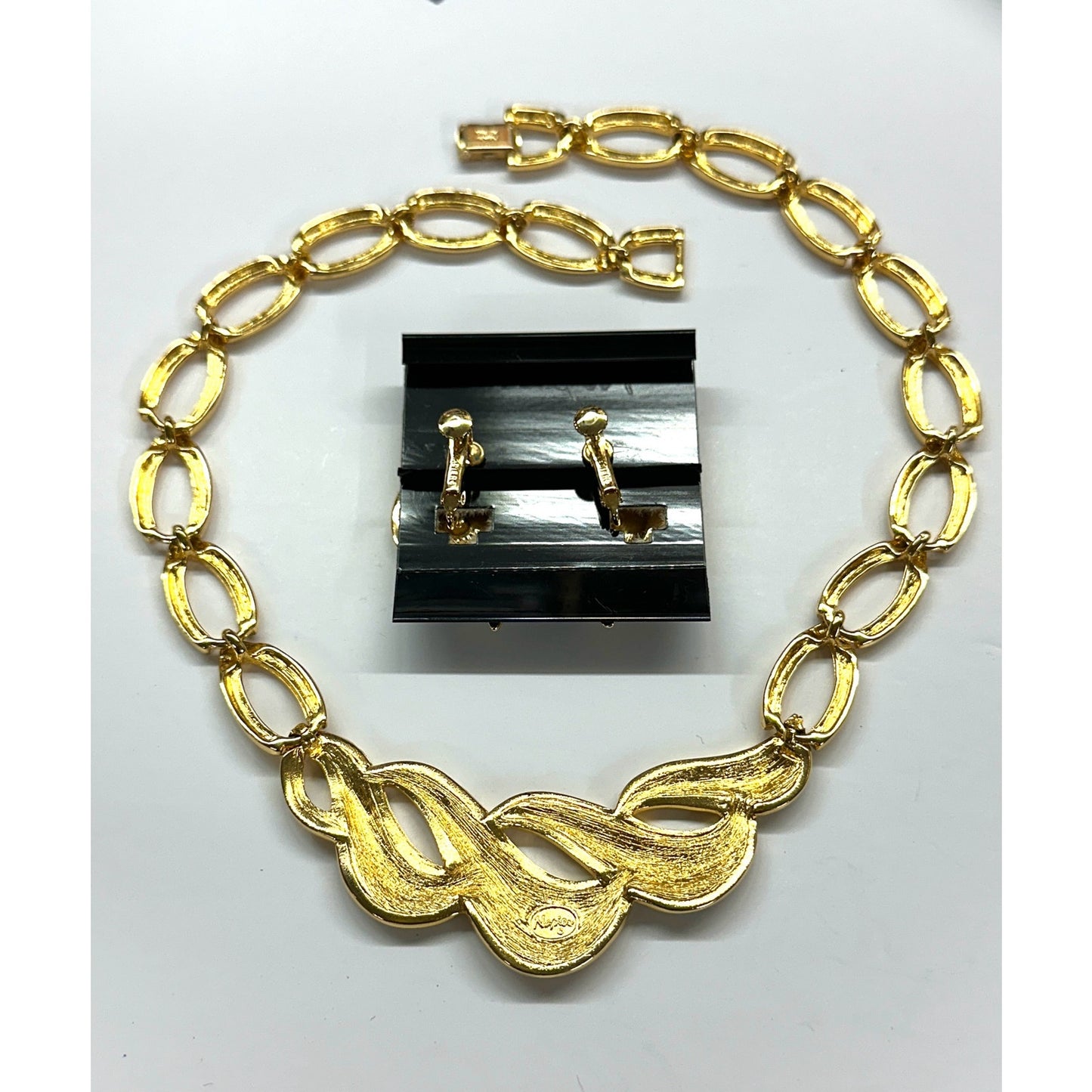 Vintage NAPIER Gold-Tone Sage Green Enamel Necklace & Earrings Set