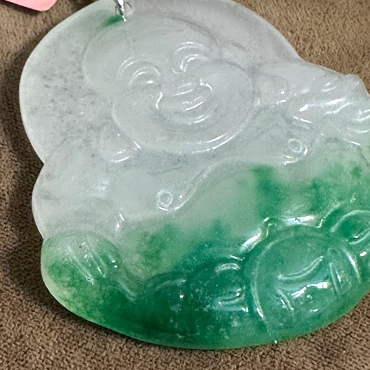 Chinese Export Carved Jade Happy Buddha Pendant - Translucent Moss on Snow
