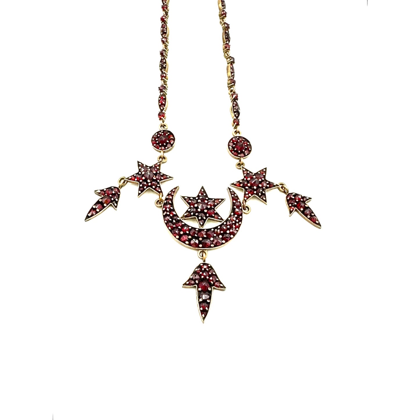 Antique Victorian Bohemian Rose Cut Garnet Moon & Stars Necklace