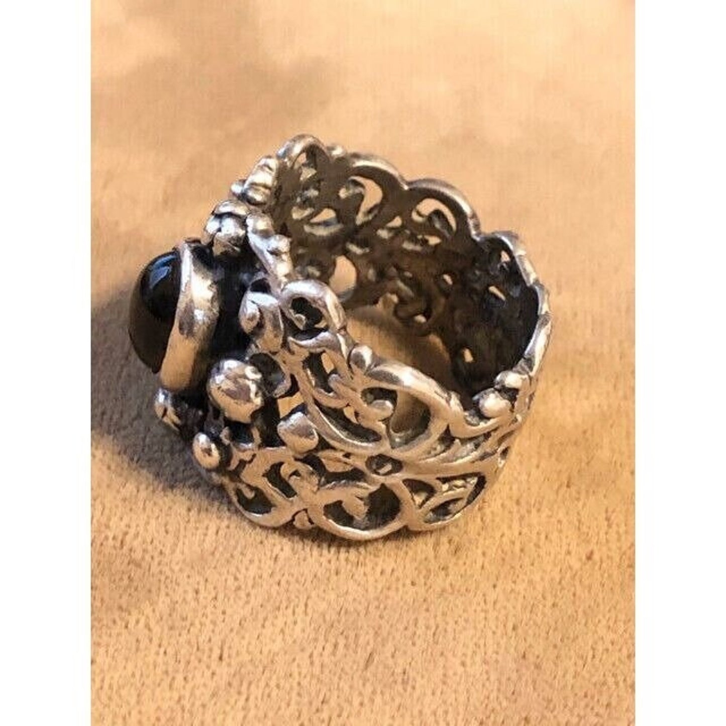 Vintage Signed GC Sterling Wide Filigree Band w/ Stone
