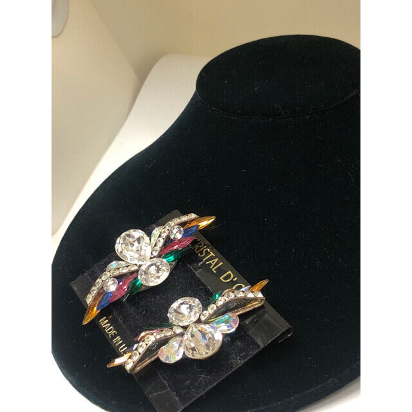 Huge 1980's multi Color Crystal Clip Back Earrings on Card
