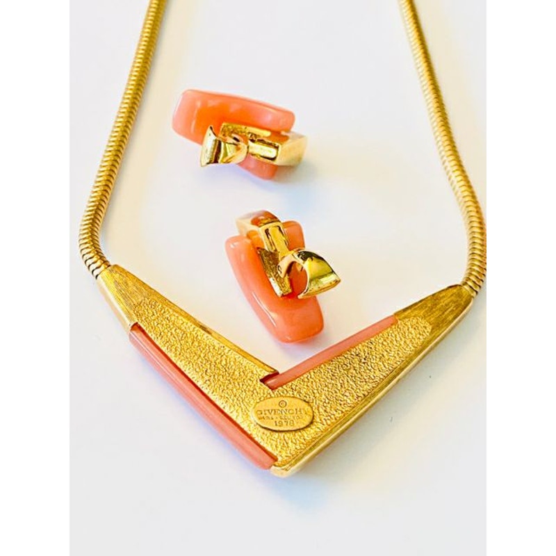Givenchy 1978 Goldtone Thermoset Necklace & Clip Earrings
