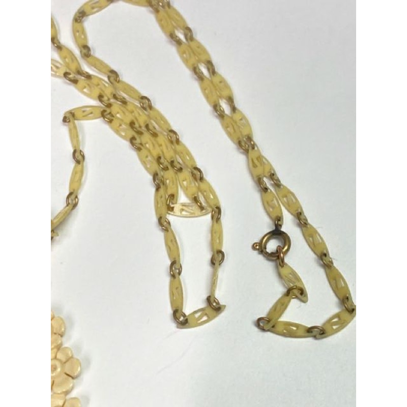 Antique Carved Bovine Flower Basket Pendant w/ Delicate Carved Chain