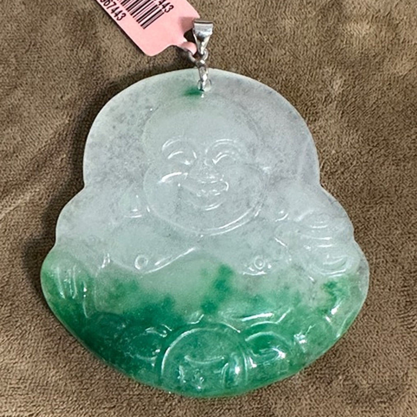 Chinese Export Carved Jade Happy Buddha Pendant - Translucent Moss on Snow