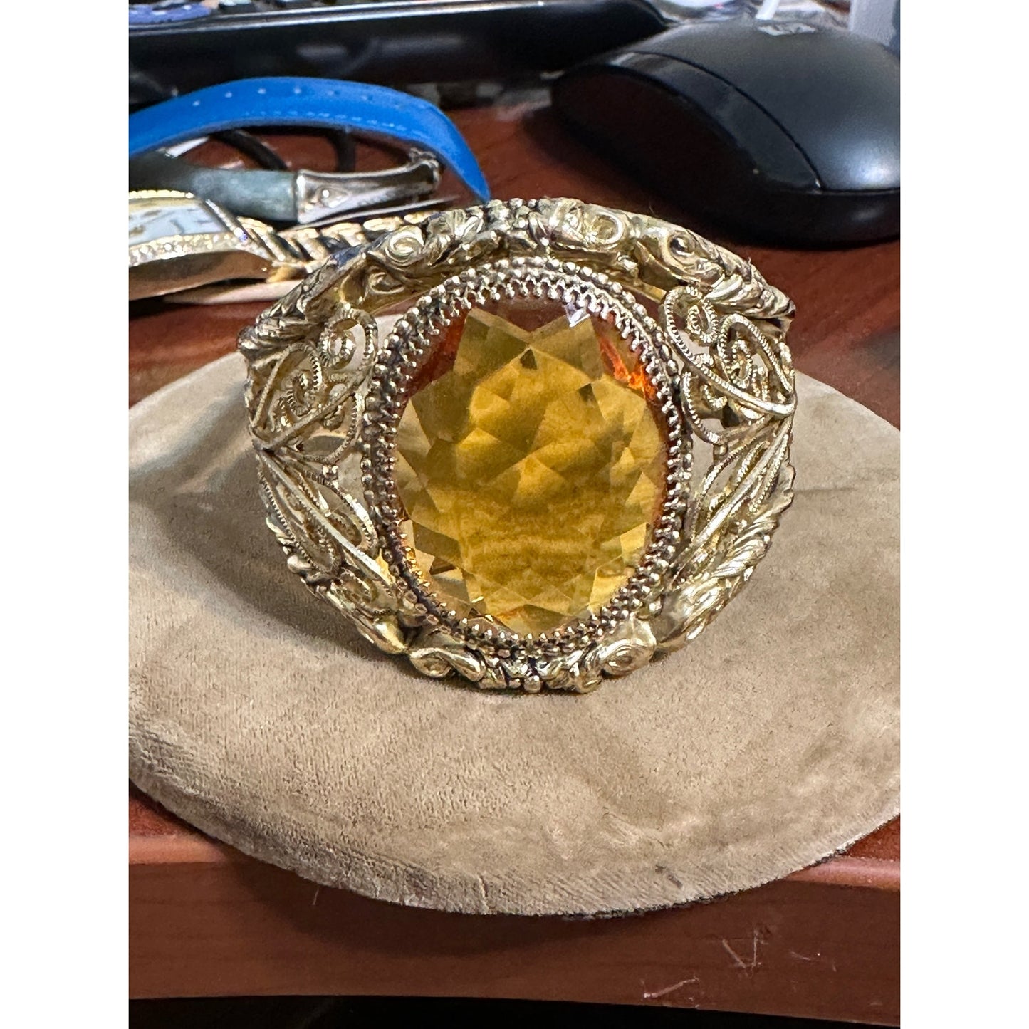 Huge Vintage Whiting & Davis Gold-tone Topaz Victorian Style Bangle Bracelet