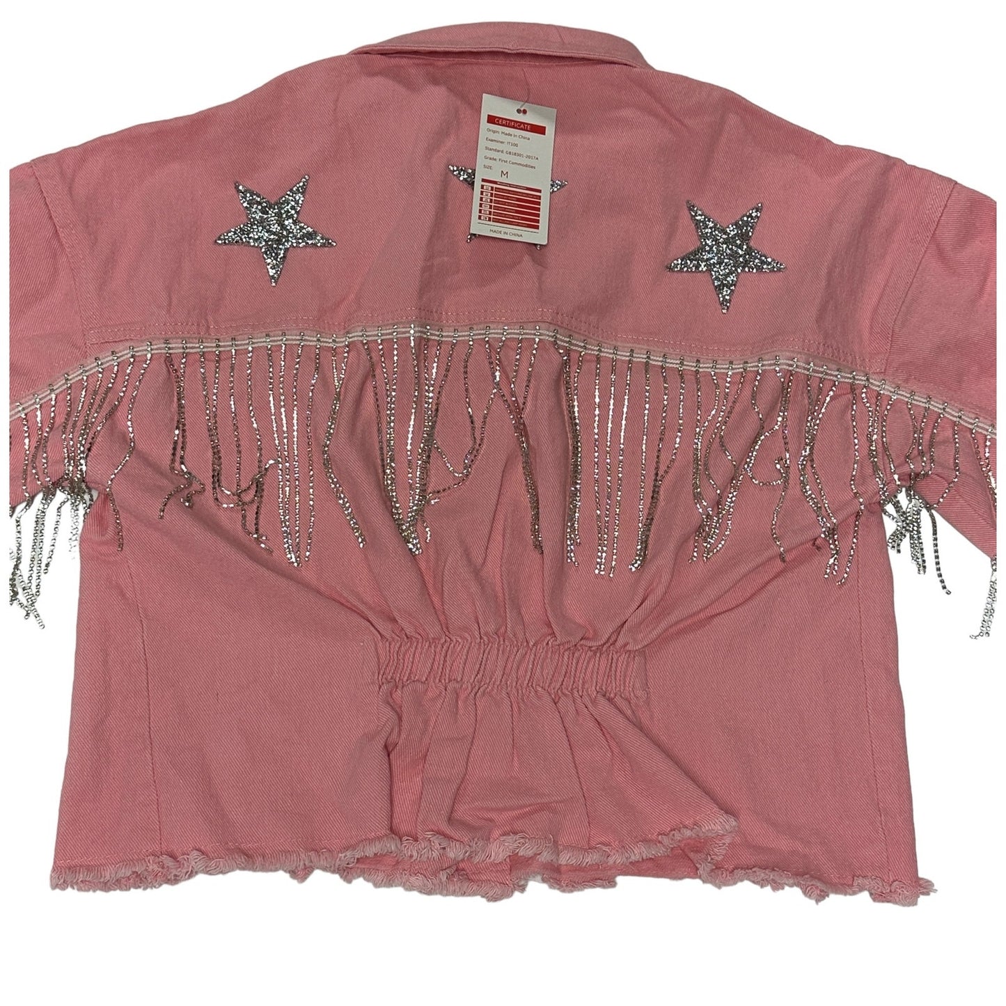 Barbie Style Bubblegum Pink Denim Triple Star Rhinestone Tassels Crop Jacket M. NWT