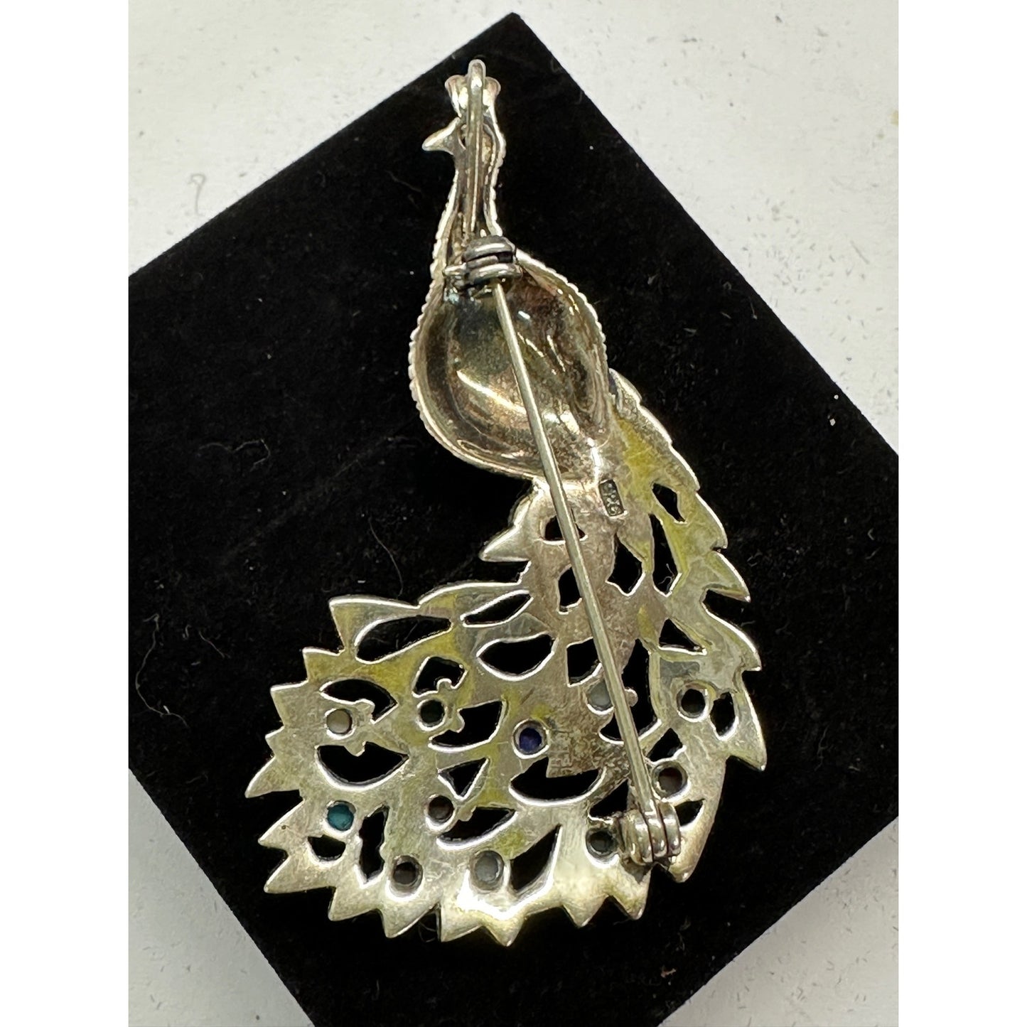 Fabulous Sterling Silver Marcasite multi stone PEACOCK Brooch Pin