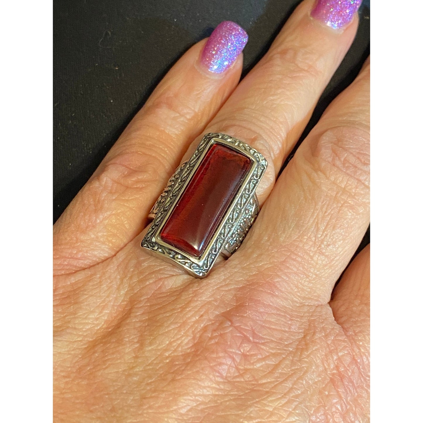 Stainless Steel 316L Elongated Red Stone Ring Size 8.5 Unisex