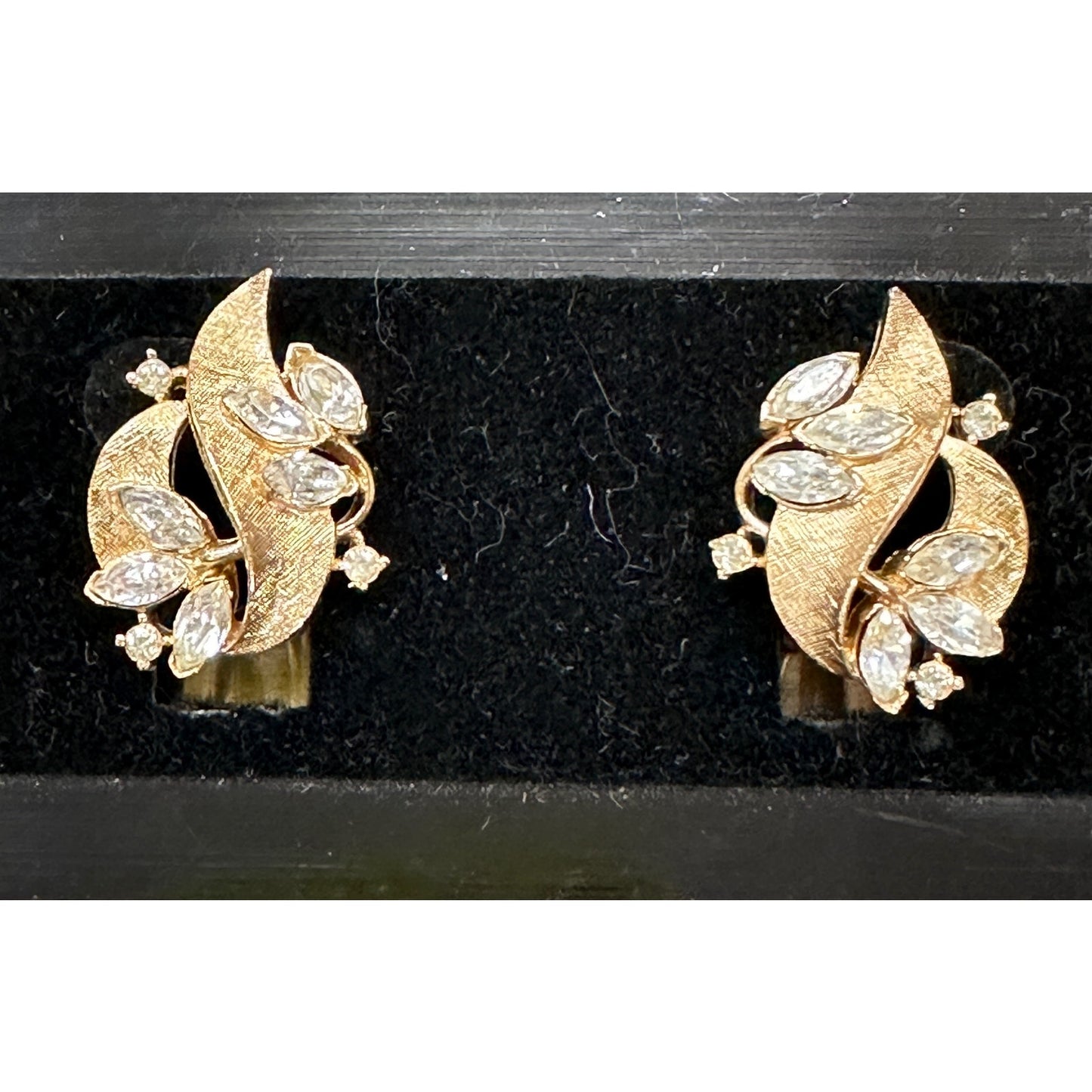 Vintage Crown Trifari Brushed Goldtone Clear Rhinestone Clip Earrings
