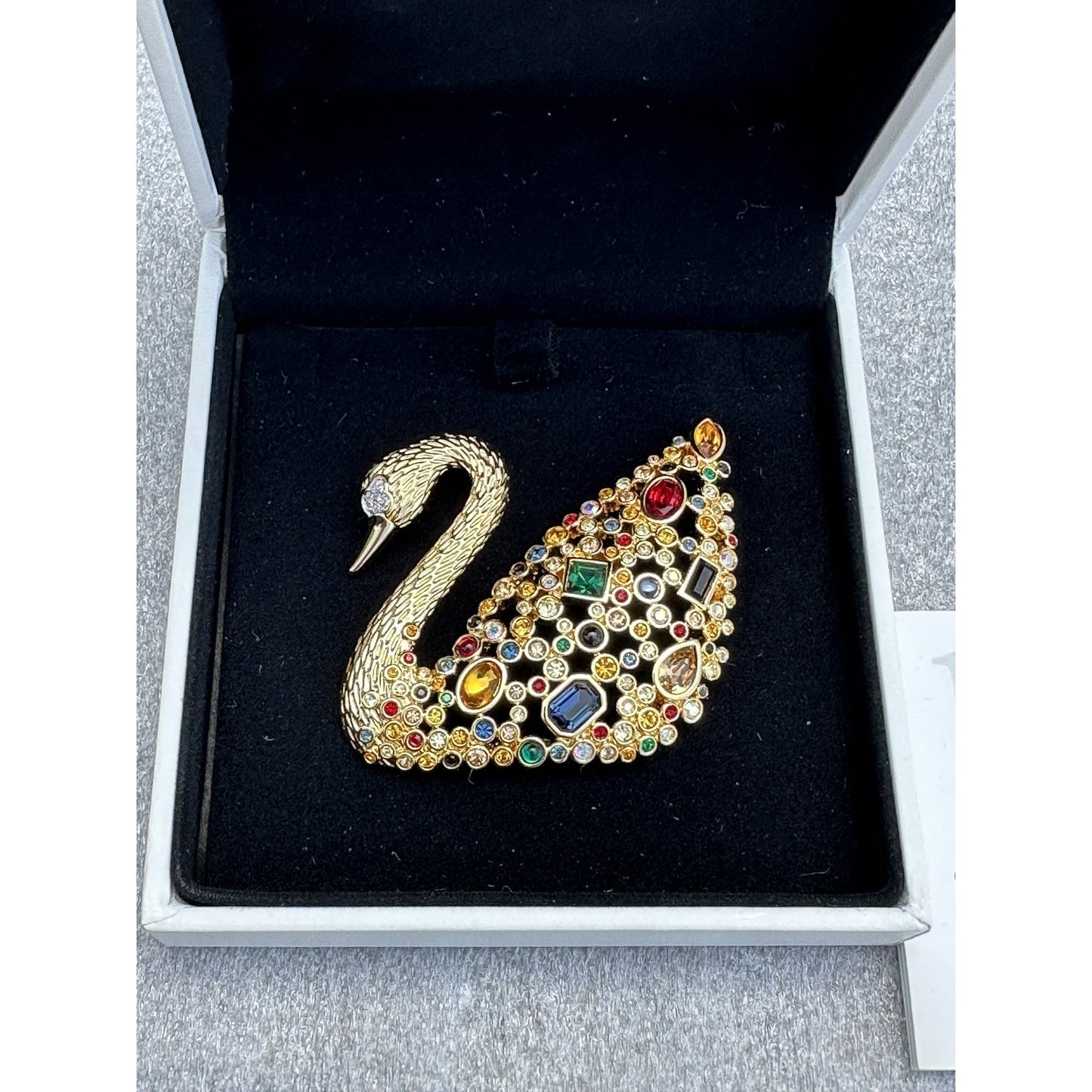 Swarovski Goldtone Multi Color Crystal Large Swan Brooch Pin 100 Year in Box