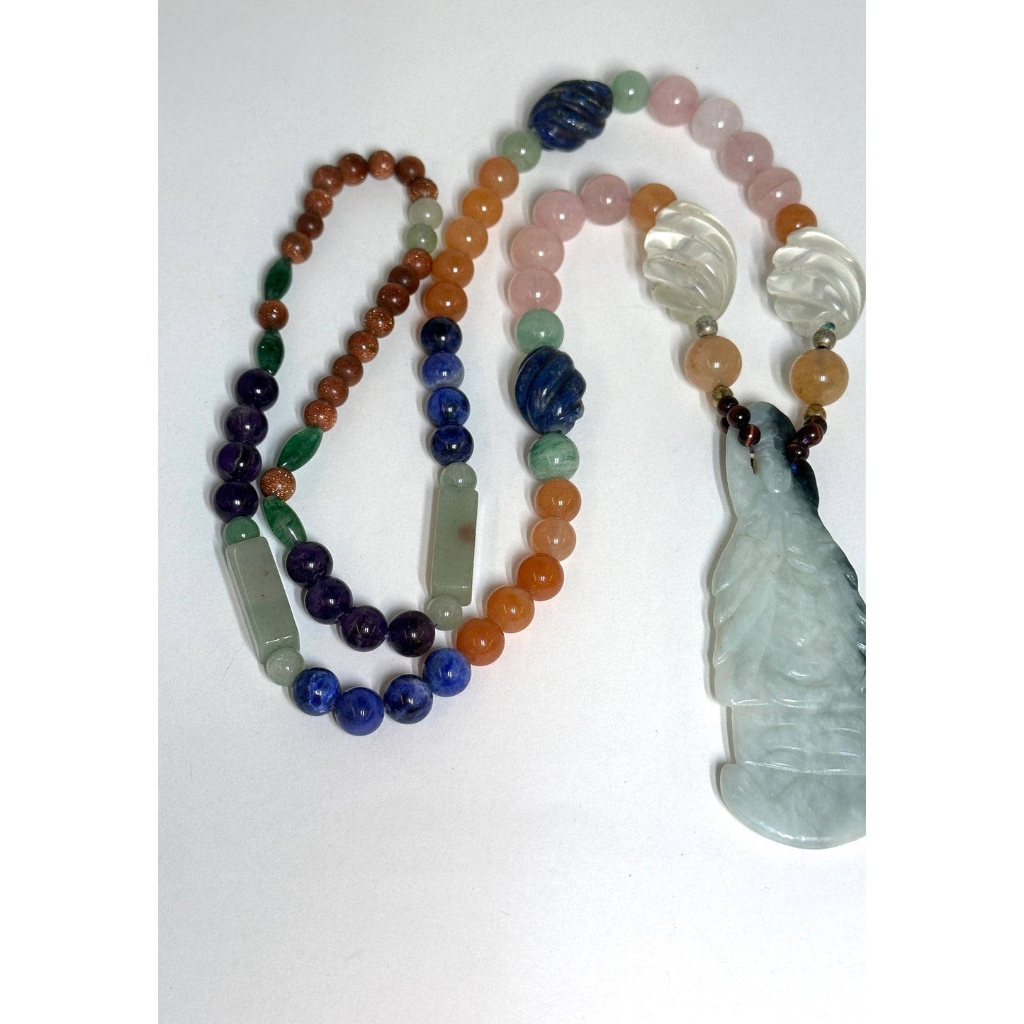 Long Multi Gemstone Beaded Lapis Tiger Eye Quartz Jade Necklace w/ Large Jade Figural Pendant