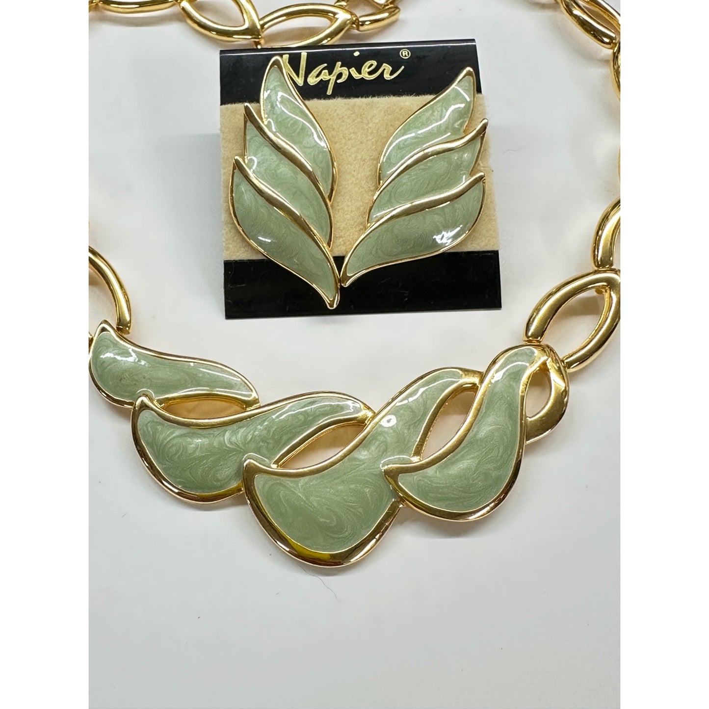 Vintage NAPIER Gold-Tone Sage Green Enamel Necklace & Earrings Set