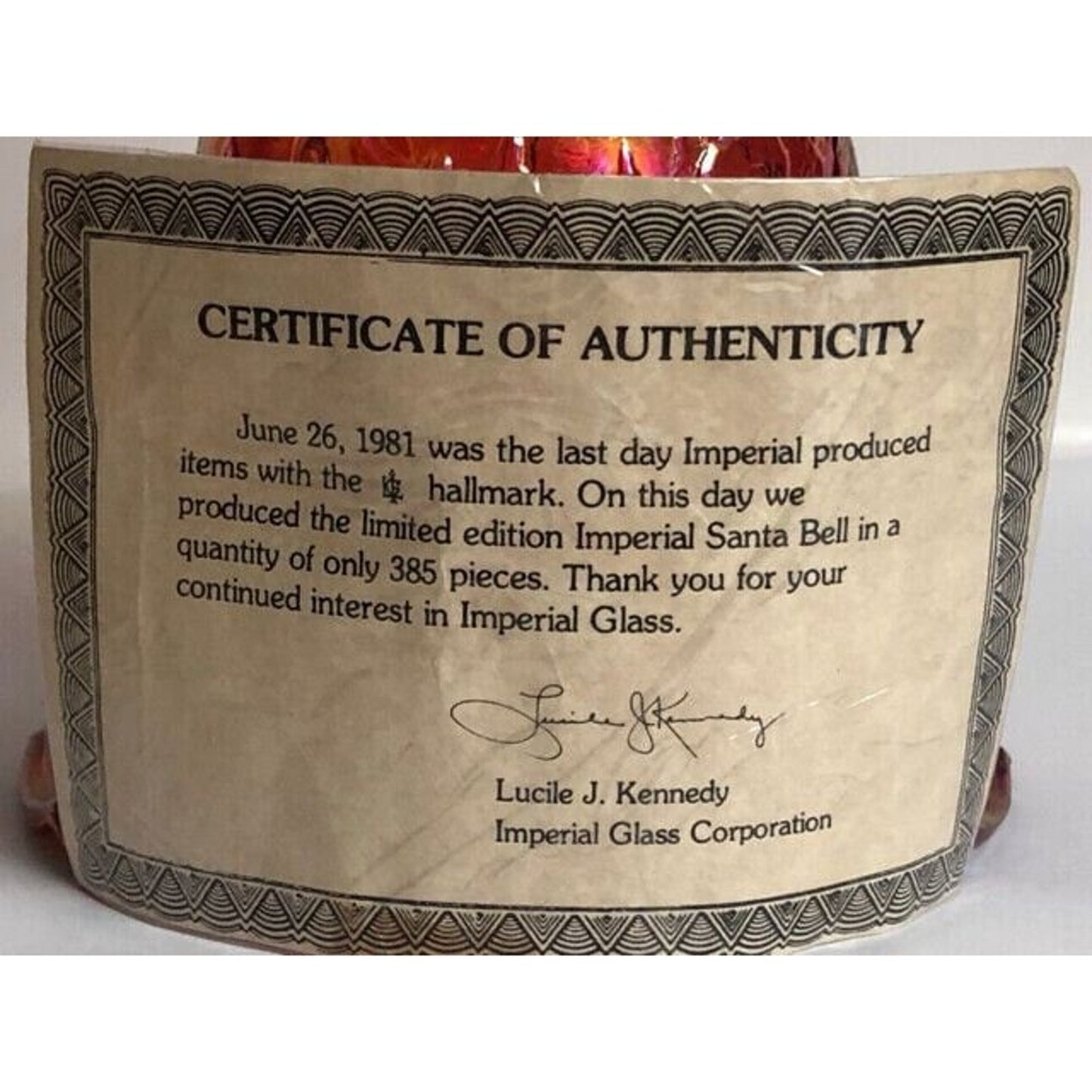 Imperial LIG Santa Sunset Ruby Carnival Glass Bell Christmas w/ certificate