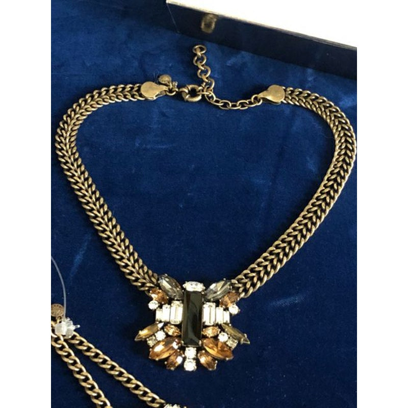 J. Crew Goldtone Topaz Onyx Rhinestone Necklace & Bracelet Set in Box