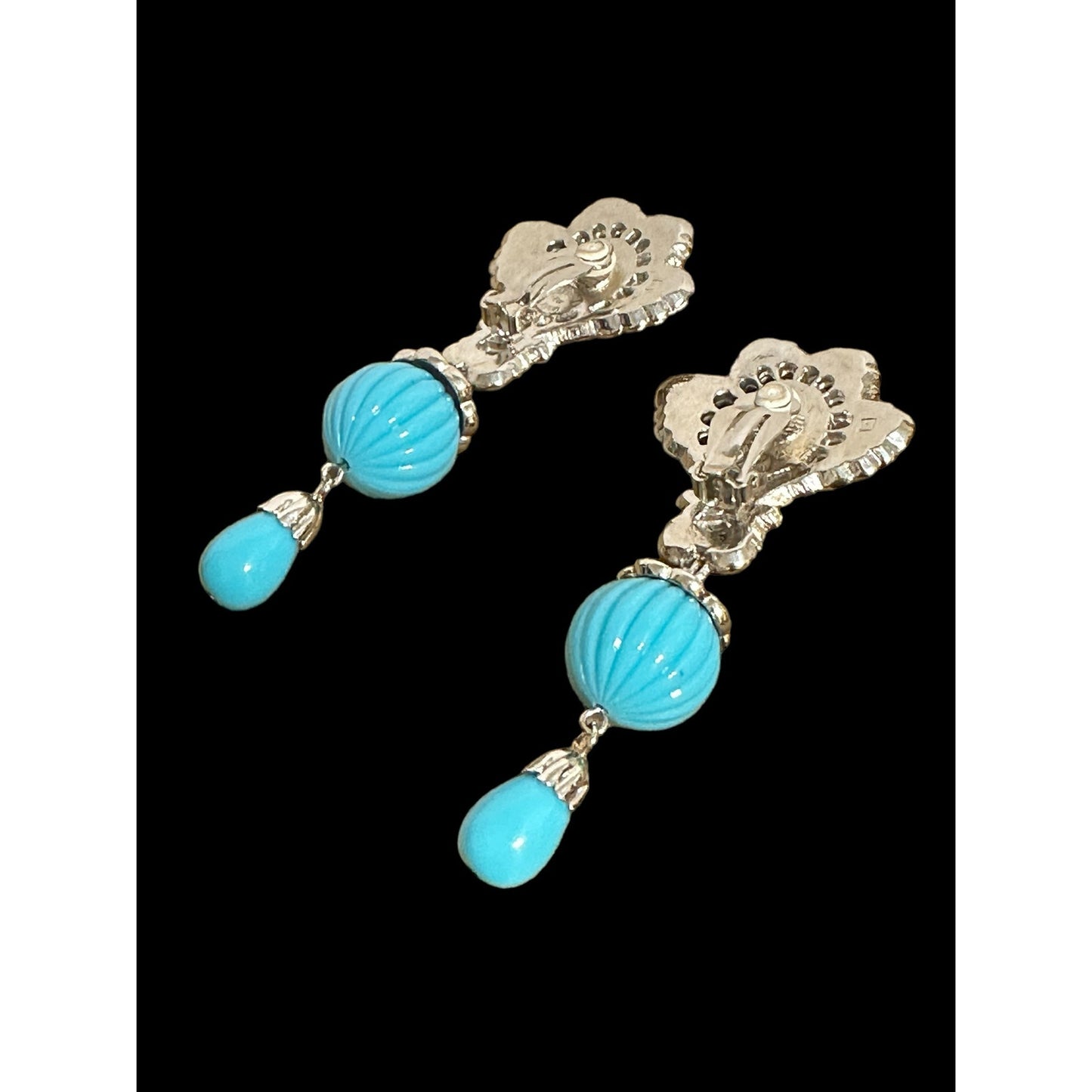 Vintage Huge Barrera for Avon Silver-tone Faux Turquoise Dangle Clip Earrings