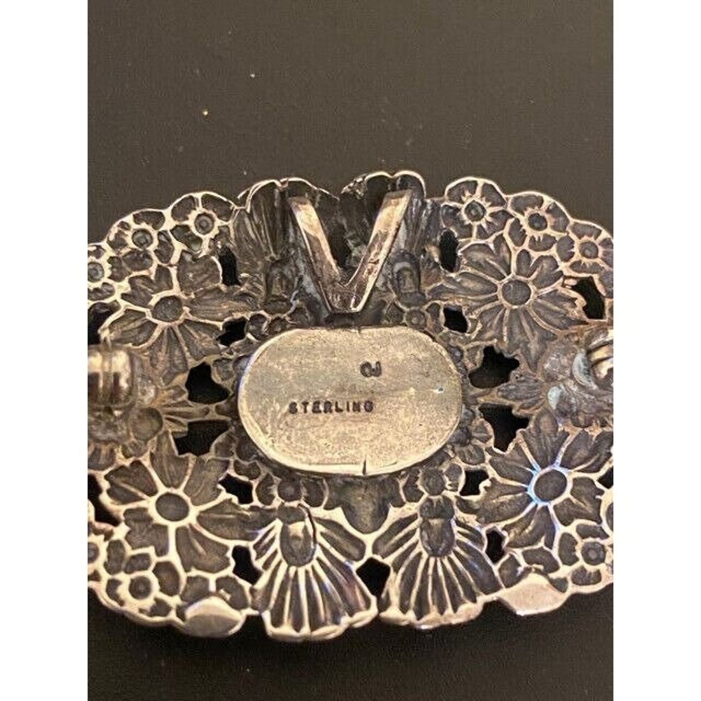 Vintage Sterling Silver Floral Repousse MOP Pin/ Pendant