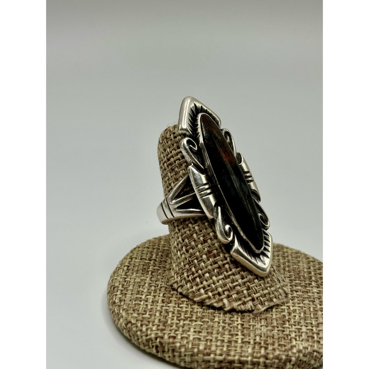 Sterling Silver Oblong Stamp Work Grey and Orange Oval Cabochon Stone Ring Size 5.5