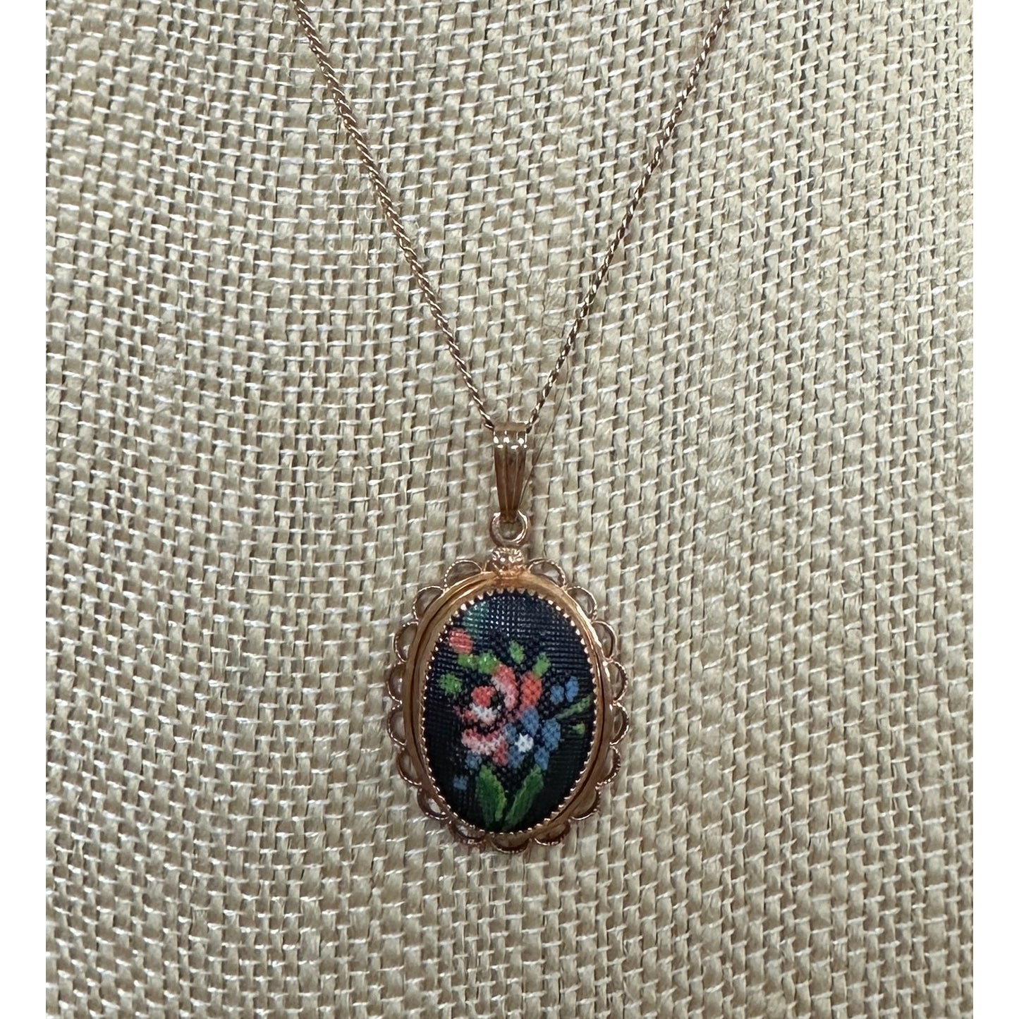 Vintage 14k Yellow Gold Filled Fancy Oval Glass Enameled Floral Bouquet Petit Point Design Pendant Necklace