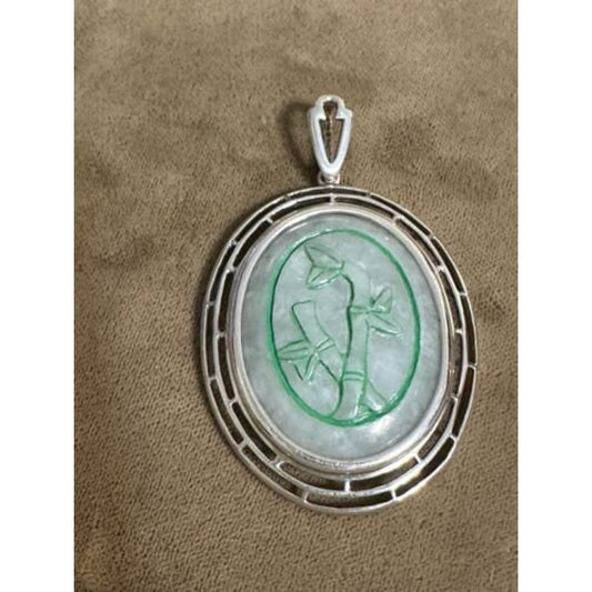 Sterling Silver Oval Jade Carved Bamboo Pendant