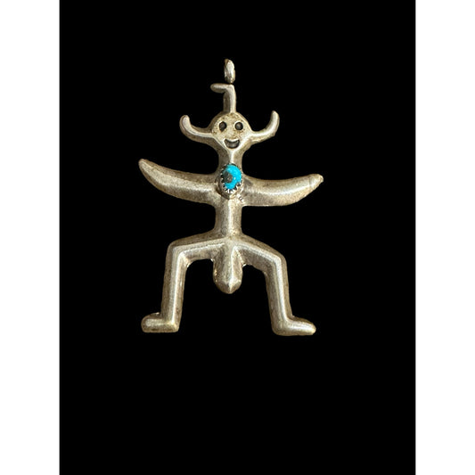 Navajo Native American Sterling Silver Turquoise Horned Kachina Figure Pendant