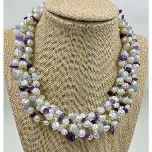 Ross-Simons Multicolored Pearl & Gemstone Torsade Necklace with Sterling Silver
