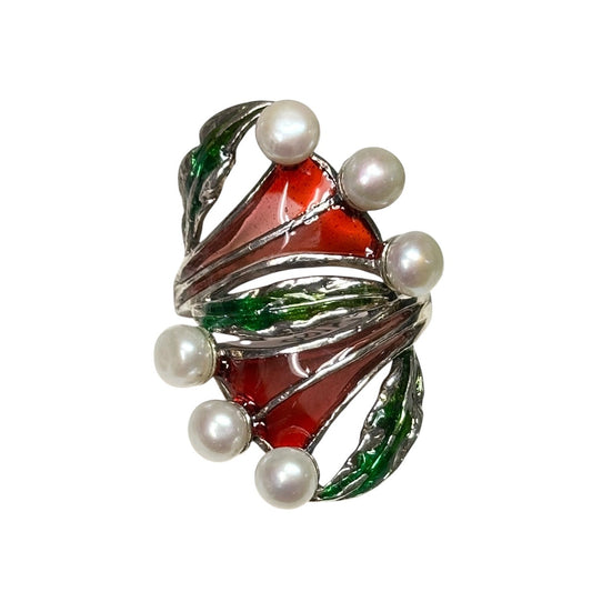 Beautiful Modern Art Nouveau Plique A Jour Cultured Pearl Sterling Silver Ring 9