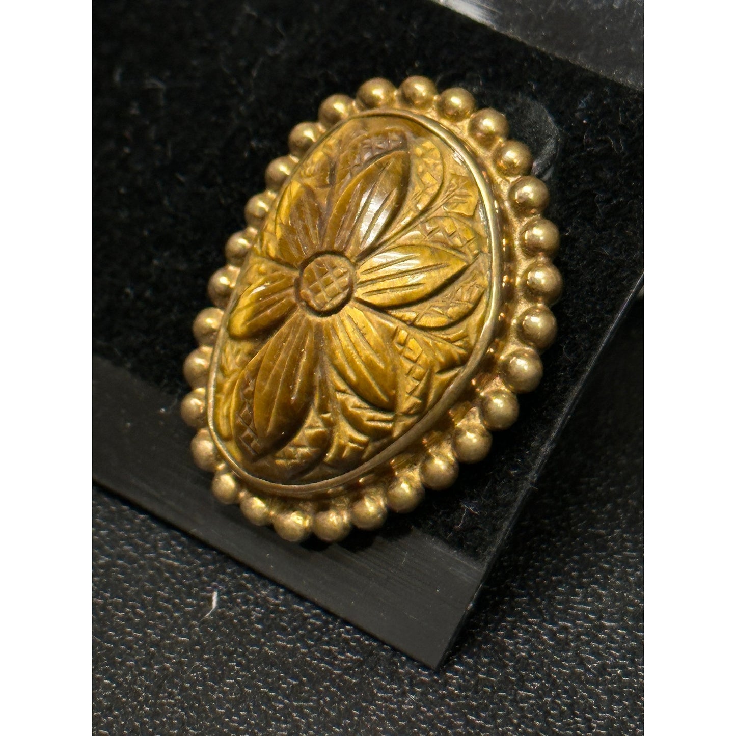 Sterling Silver Gold Vermeil Carved Tigers Eye Large Clip Back Earrings