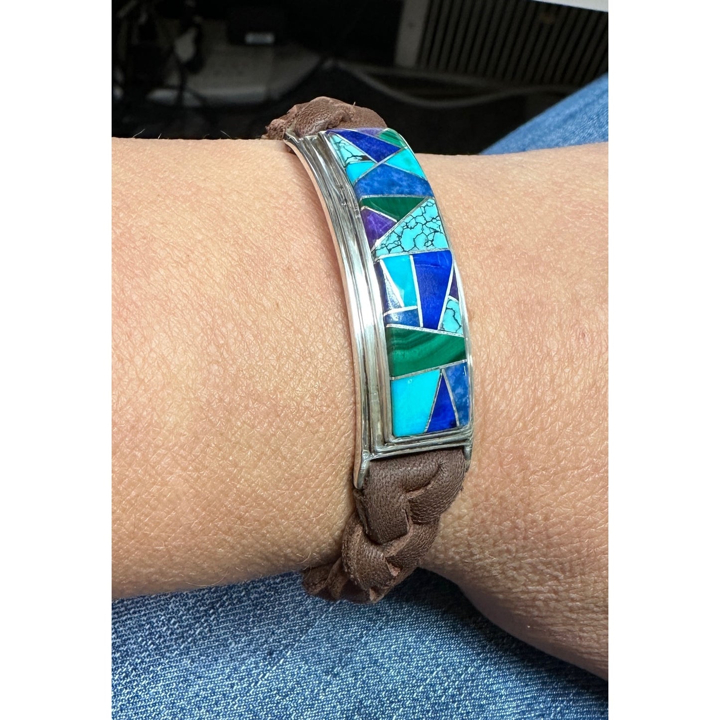 Sterling Silver Inlaid Gemstone Southwest Bracelet Leather Braided Band
