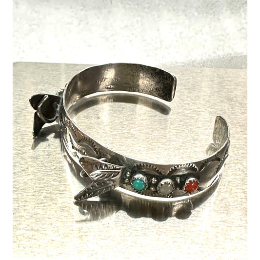 Vintage Sterling Silver Turquoise Moonstone Coral Stamped Native Cuff Bracelet