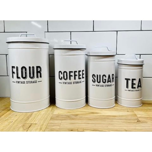 NEW Metal Farmhouse Kitchen Canisters Set  4 Pc White Black Vintage Storage