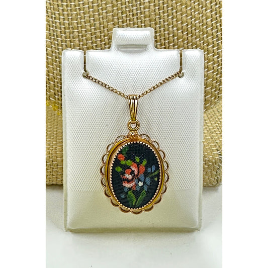 Vintage 14k Yellow Gold Filled Fancy Oval Glass Enameled Floral Bouquet Petit Point Design Pendant Necklace