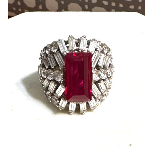 Charles Winston Lab Created Ruby & Diamond Simulant Rhodium Over Silver Ring - Size 8
