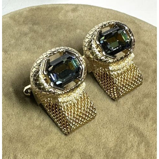 Vintage Goldtone Mesh Blue/Green Emerald Cut Rhinestone Mesh Wrap Cufflinks