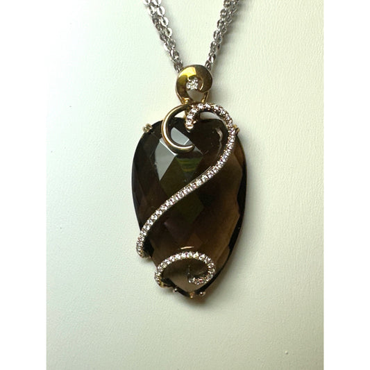 Smokey Quartz Pear Shape CZ Silver Vermeil Pendant Necklace Double Silver Chain NWT