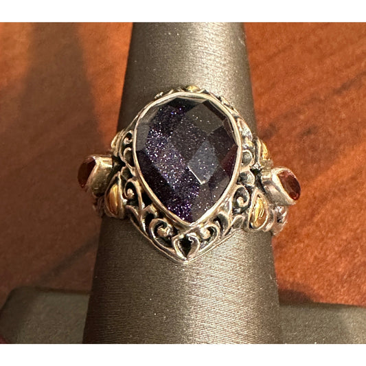 Robert Manse 18k Gold Sterling Silver Blue Goldstone Garnet Ring Size 9