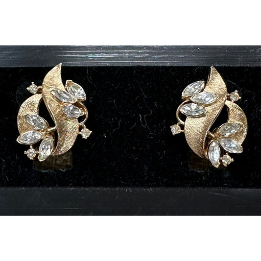 Vintage Crown Trifari Brushed Goldtone Clear Rhinestone Clip Earrings